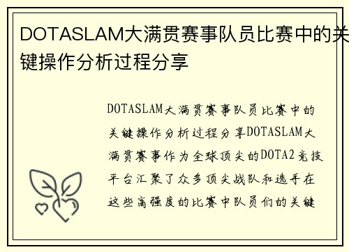DOTASLAM大满贯赛事队员比赛中的关键操作分析过程分享